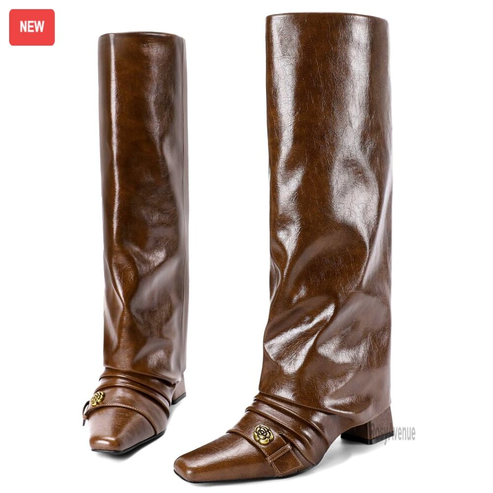 Knee High Boots Square Toe Chunky Heel Fold Over Slouchy Wide Calf Comfortable